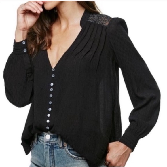 FREE PEOPLE Canyon Rose Embroidered Boho Hi Lo Blouse Black S Whimsigoth Grunge - Picture 2 of 11